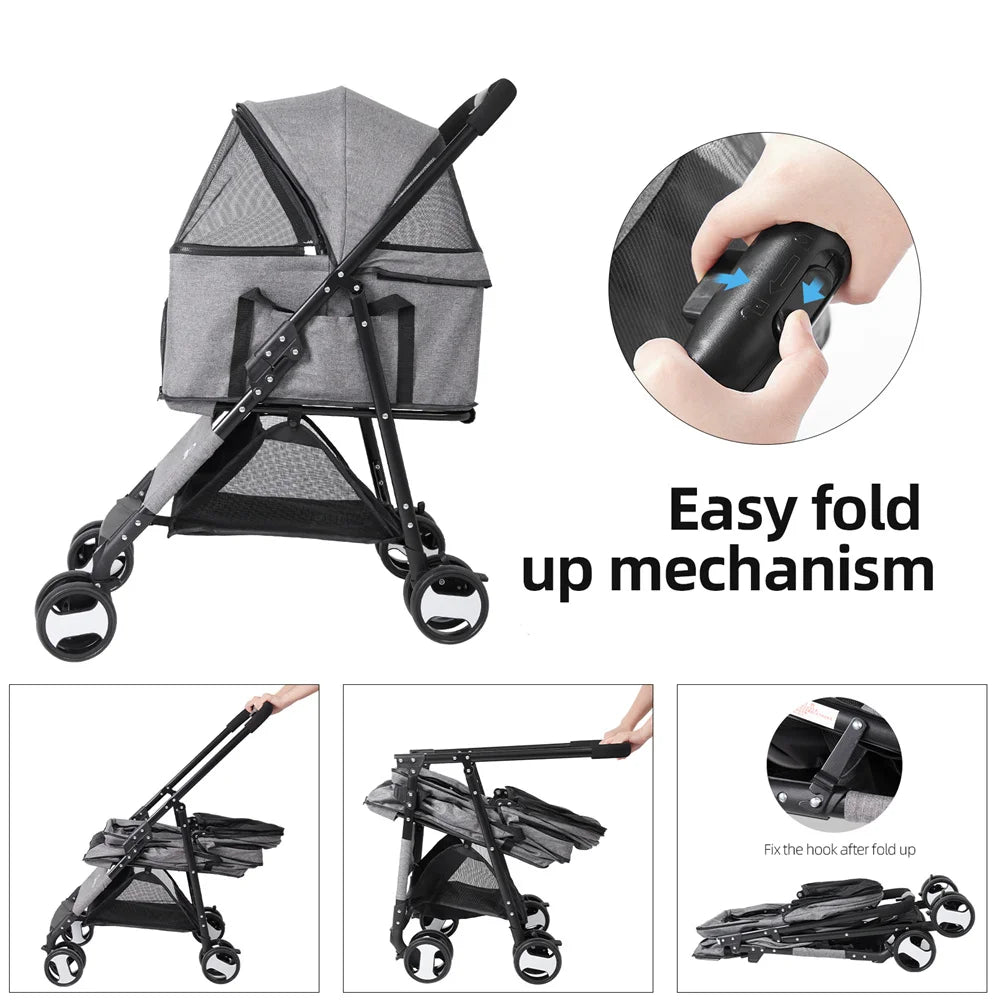 Foldable Dog Stroller And Cat Travel Carrier With Rain Cover