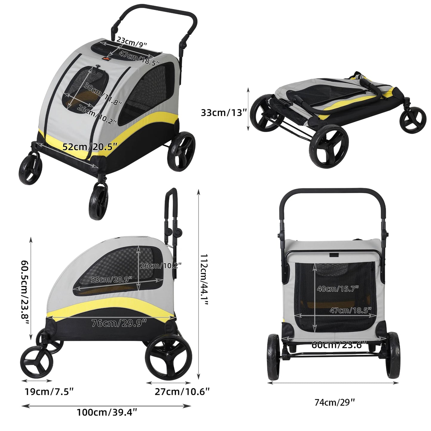 Premium Dog Stroller Pram 4 Wheel Foldable Travel Cart For All Breeds