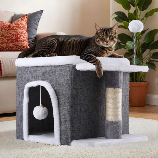 Indoor Cat Bed 13" Tall Cats House / Covered Cat House w Fluffy Hanging Ball Toy