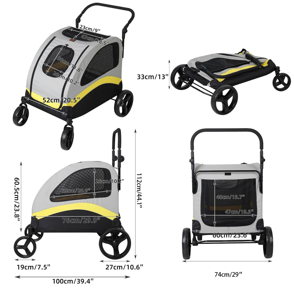 Premium Dog Stroller Pram 4 Wheel Foldable Travel Cart For All Breeds