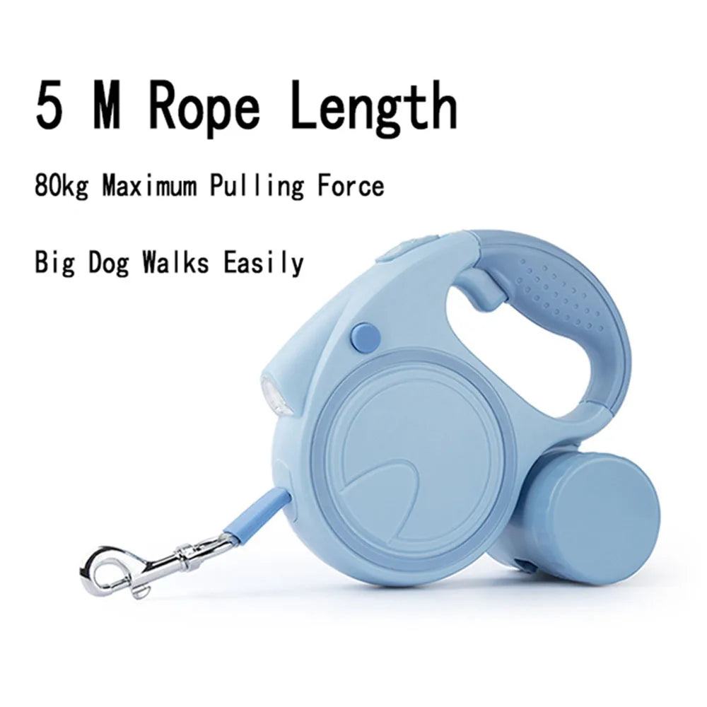 Retractable Dog Leash With LED Lights And Bag Holder 5M Nylon