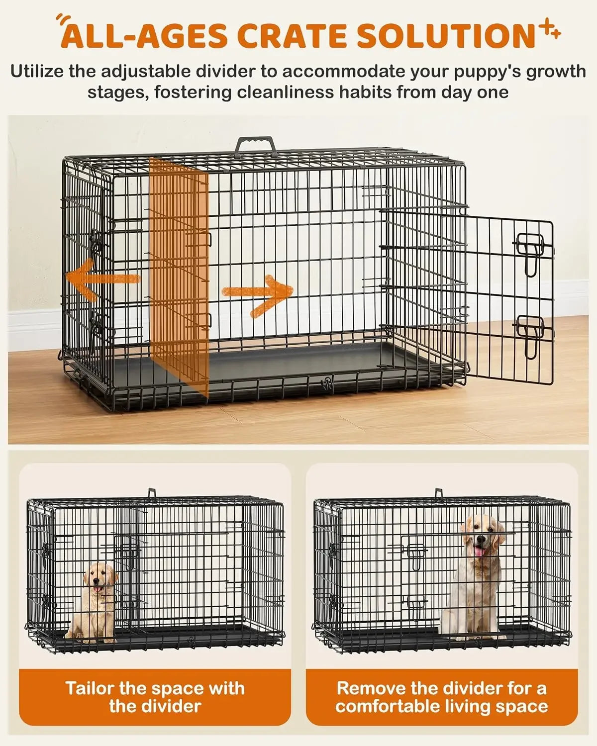 XMSJ Double Door Metal Dog Crate With Divider And Tray