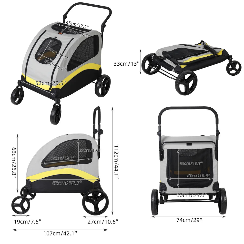 Premium Dog Stroller Pram 4 Wheel Foldable Travel Cart For All Breeds