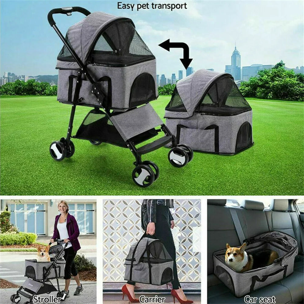 Foldable Dog Stroller And Cat Travel Carrier With Rain Cover